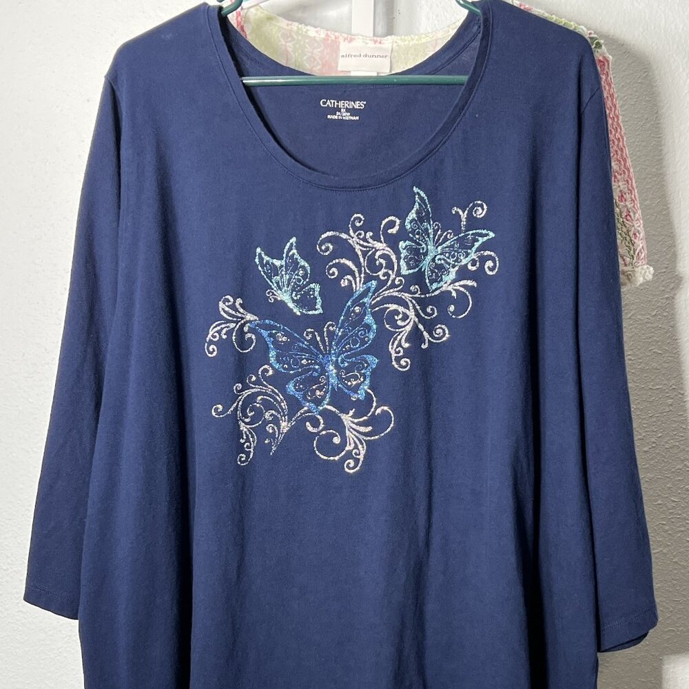 Catherine's Blue with Glitter Butterflies 100% Cotton 3/4 Sleeve Shirt SZ 3X